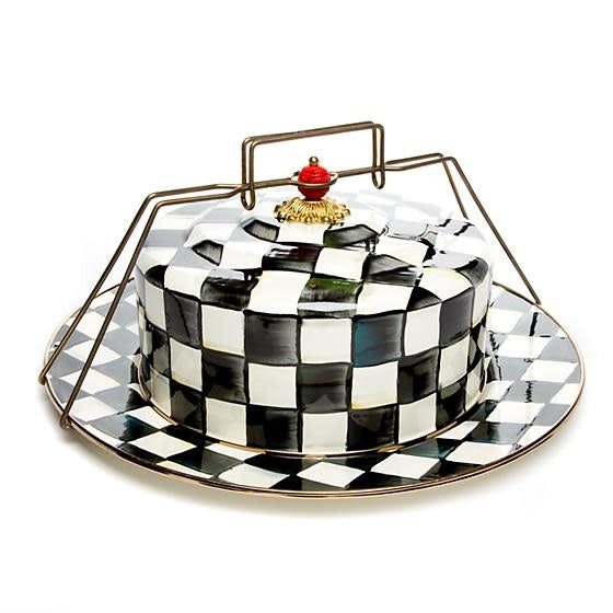 Courtly Check enamel cake carrier with bronze handle and carved cinnabar bead knob.