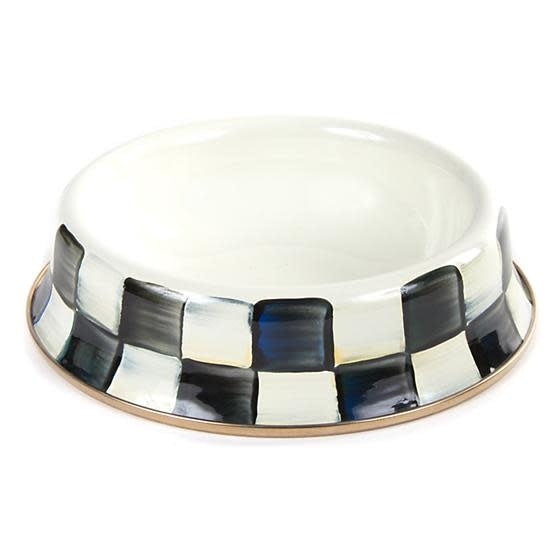 Small Courtly Check pet dish with hand-painted blue check pattern on steel base and bronzed stainless rim.