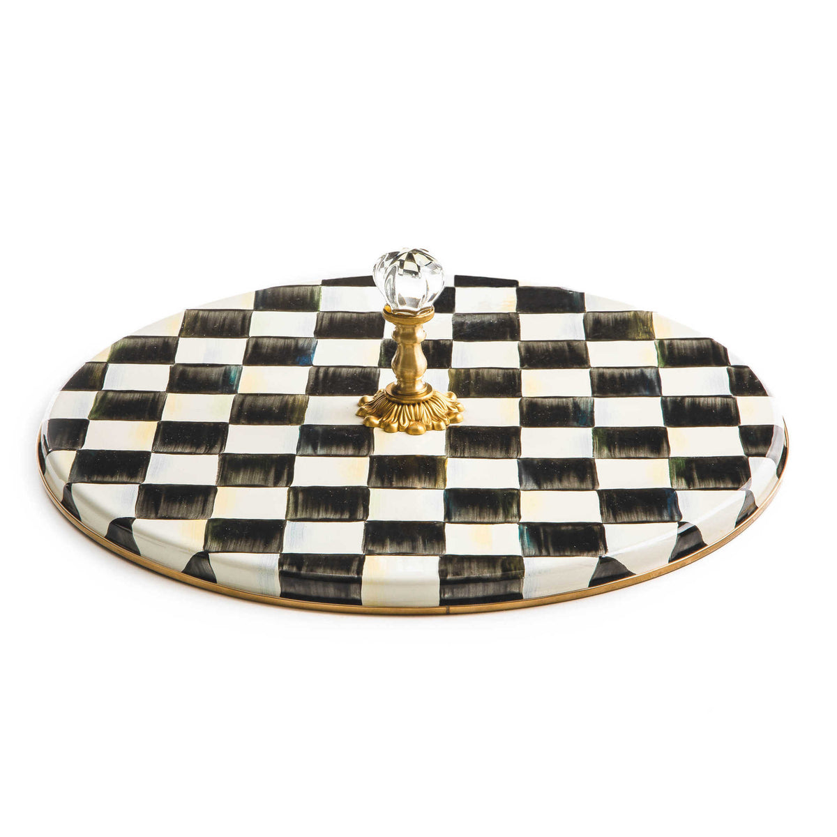 Round Courtly Check enamel cheese course with hand-painted blue patterned steel body and bronzed stainless rim.