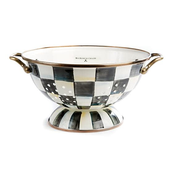 Large Courtly Check enamel colander with hand-painted geometric pattern on steel body and antiqued brass handles.