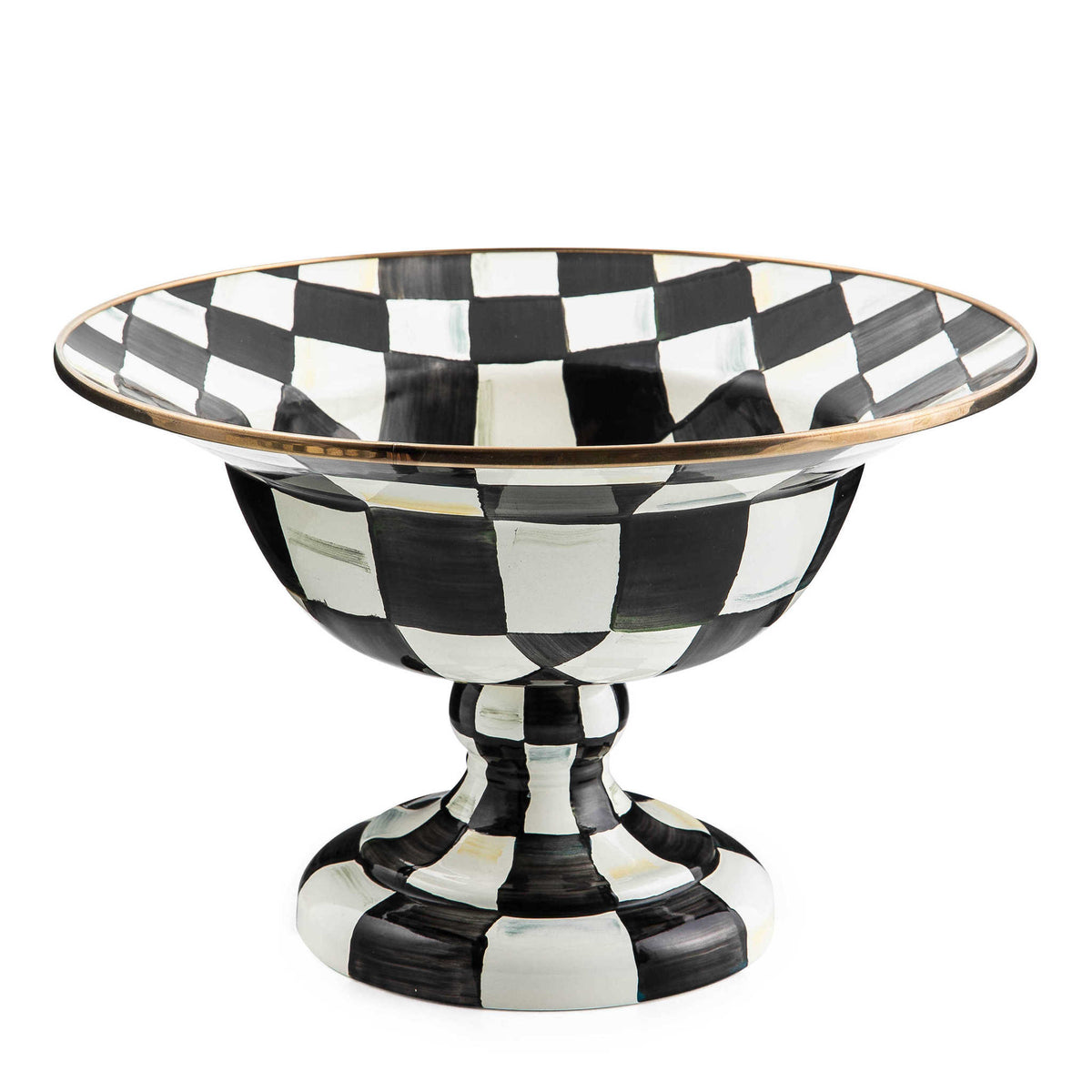 Large Courtly Check compote with hand-painted checkered pattern on steel body and bronzed stainless-steel rim.