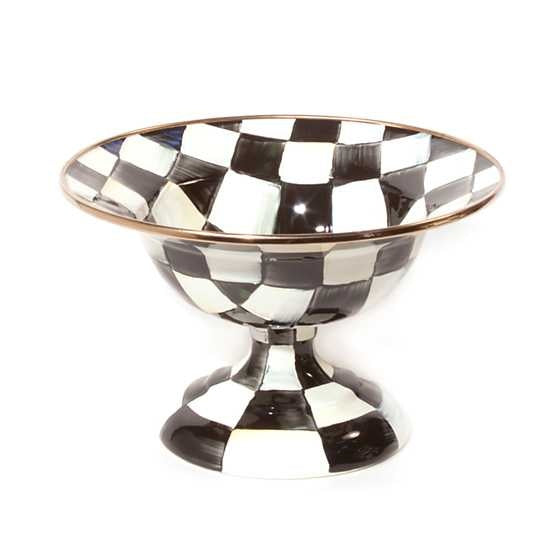 Courtly Check enamel compote with hand-painted accent checks on steel body and bronzed stainless rim.