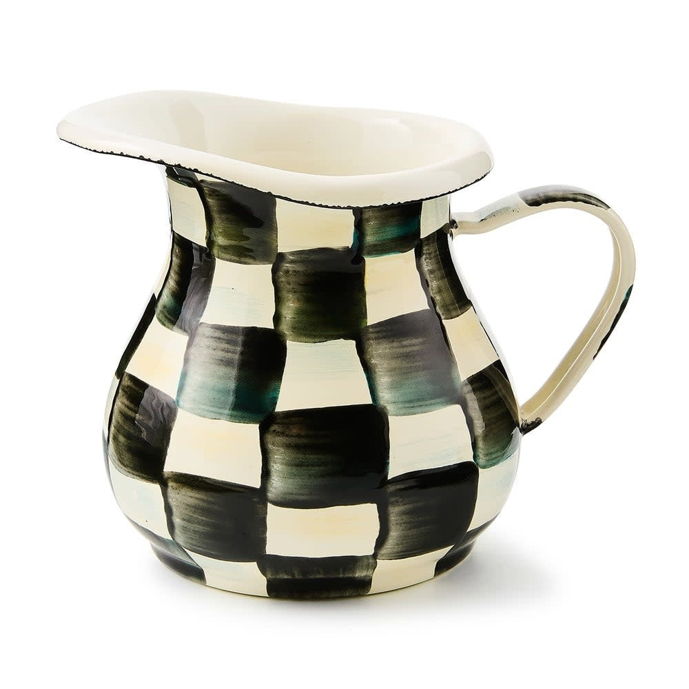 Hand-painted Courtly Check enamel creamer with a steel body.