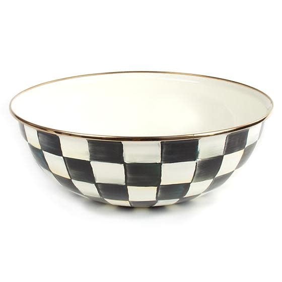 Extra large Courtly Check enamel bowl with hand-painted blue check pattern on steel and bronzed stainless rim.