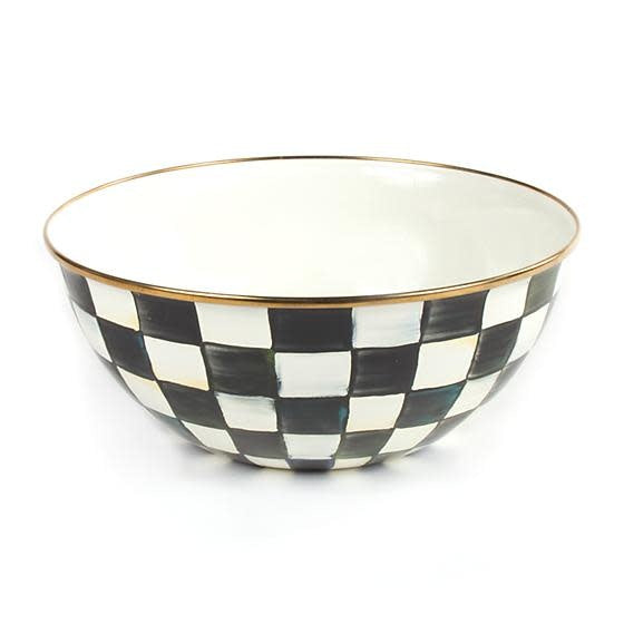 Large Courtly Check enamel bowl with hand-painted blue check pattern on steel body and bronzed stainless rim.