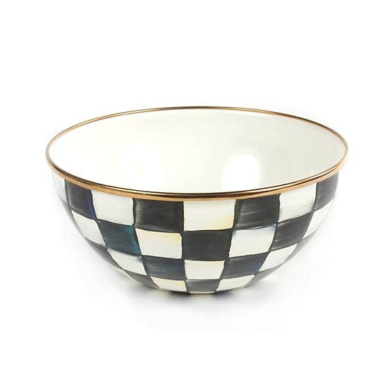 Small Courtly Check enamel bowl with hand-painted blue check pattern on steel body and bronzed stainless rim.
