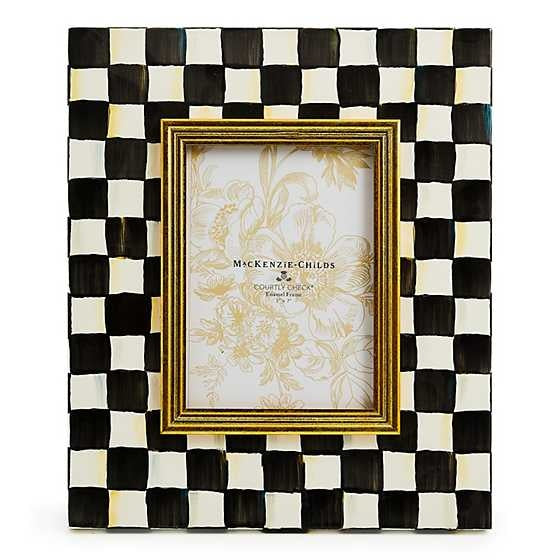 Hand-glazed steel enamel frame with Courtly Check pattern holding a photo.