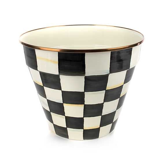 Extra large Courtly Check enamel garden pot with hand-painted color-dragged checks and bronzed stainless steel rim.