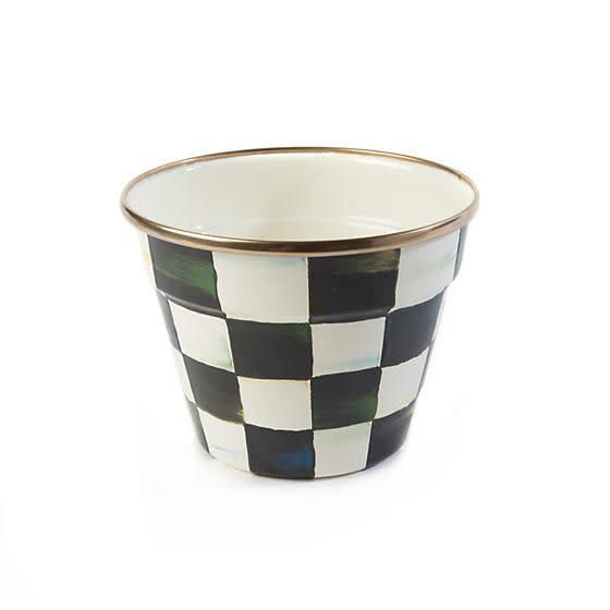 Small Courtly Check enamel garden pot with hand-painted blue floral pattern on steel body and bronzed stainless rim.