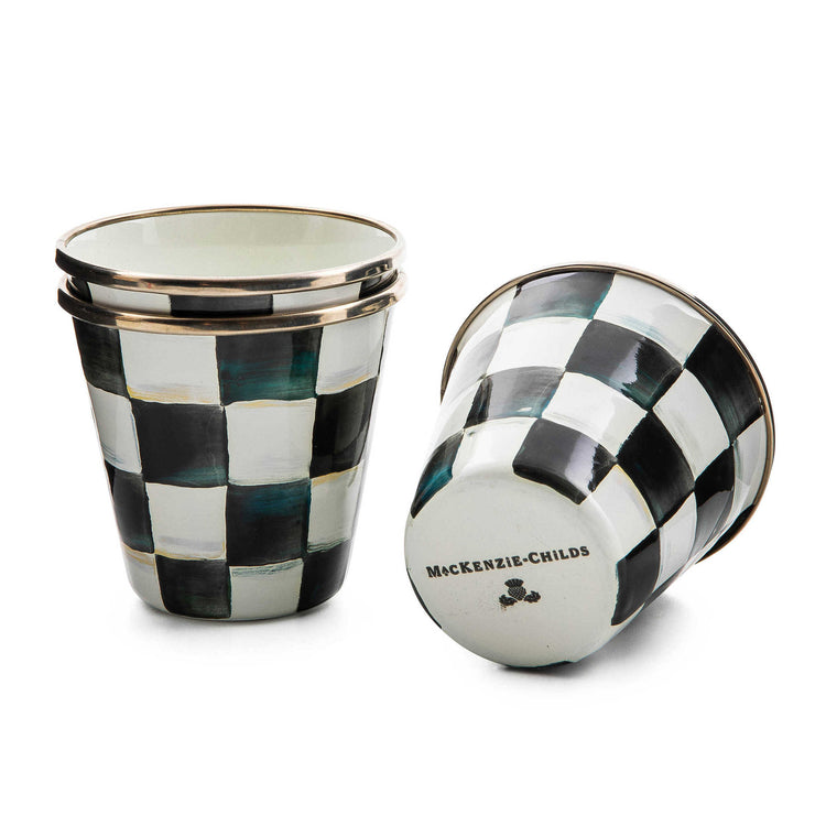 Hand-painted Courtly Check enamel herb pot with bronzed stainless steel rim