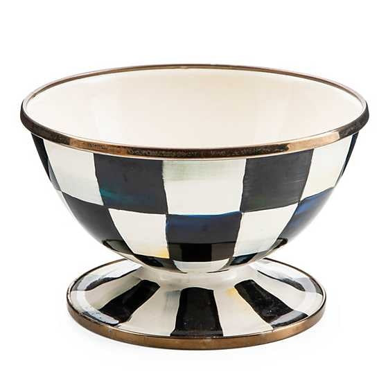 Hand-glazed steel ice cream dish with Courtly Check floral pattern and bronzed stainless rim.