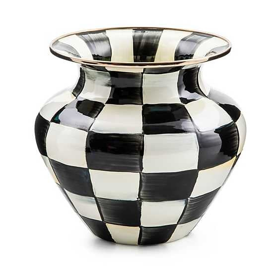 Large Courtly Check enamel vase with hand-painted checks on steel body and bronzed stainless rim.