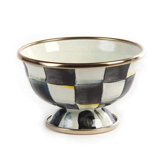 Petite Courtly Check enamel sugar bowl with hand-painted blue pattern on steel body and bronzed stainless rim.