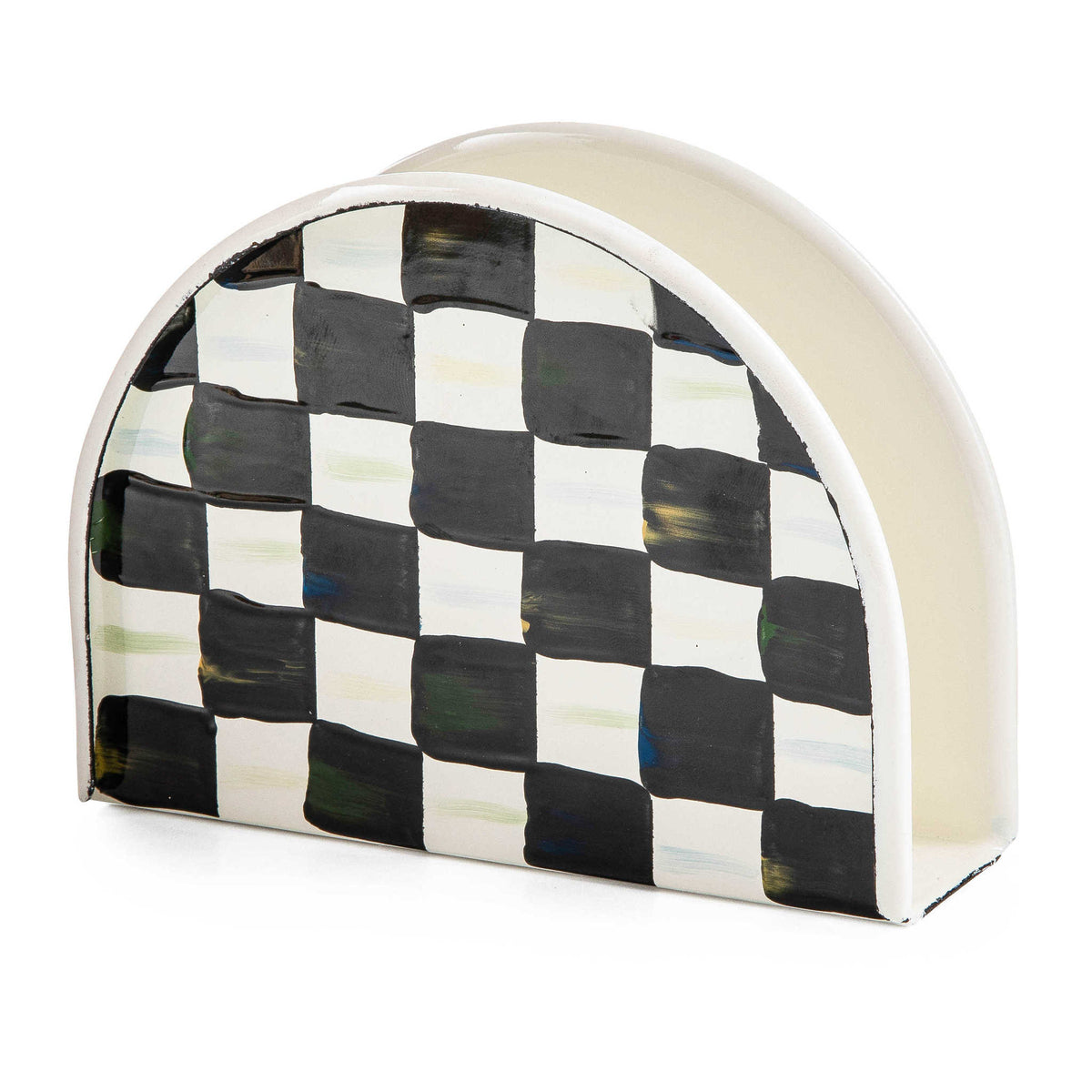 Hand-painted Courtly Check enamel napkin holder with blue floral pattern on steel.