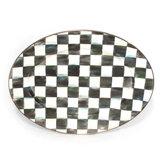 Medium Courtly Check enamel oval platter with hand-painted accent checks on a steel body and bronzed stainless rim.