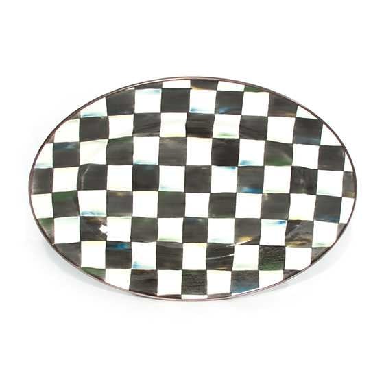 Small Courtly Check enamel oval platter with hand-painted accent checks on a steel body and bronzed stainless rim.