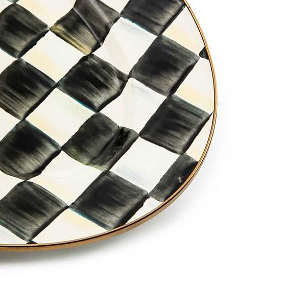 Small Courtly Check enamel oval platter with hand-painted accent colors on steel and bronzed stainless rim.
