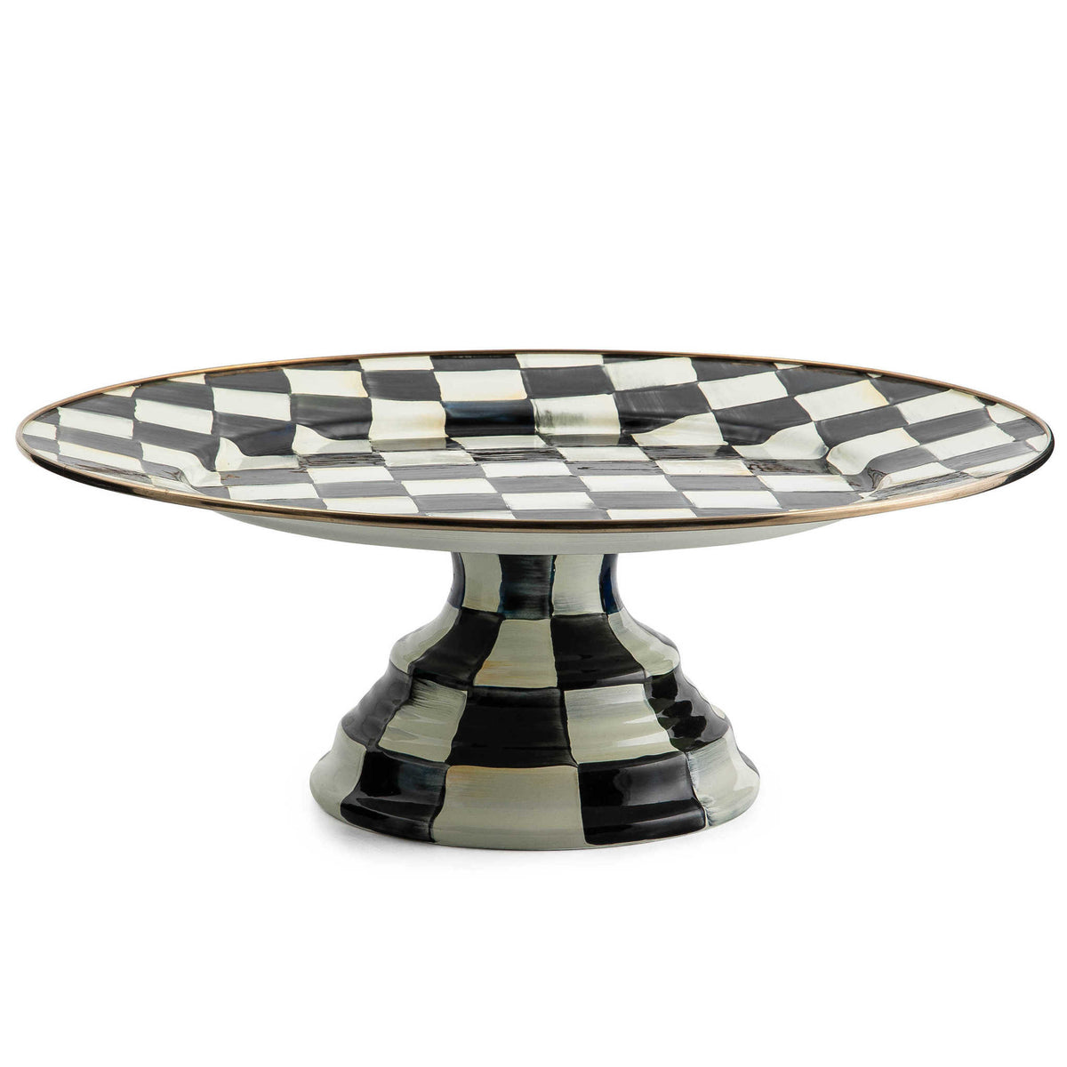 Large Courtly Check pedestal platter with hand-painted blue pattern on enameled steel and bronzed stainless rim.