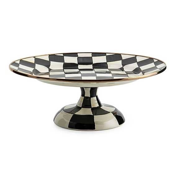 Small Courtly Check enamel pedestal platter with hand-painted pattern on steel base and bronzed stainless rim.