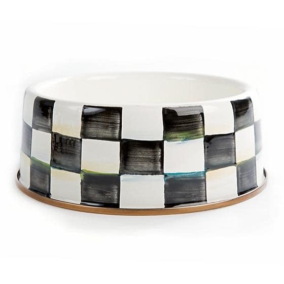 Large Courtly Check enamel pet dish with hand-painted blue pattern on steel base and bronzed stainless rim.