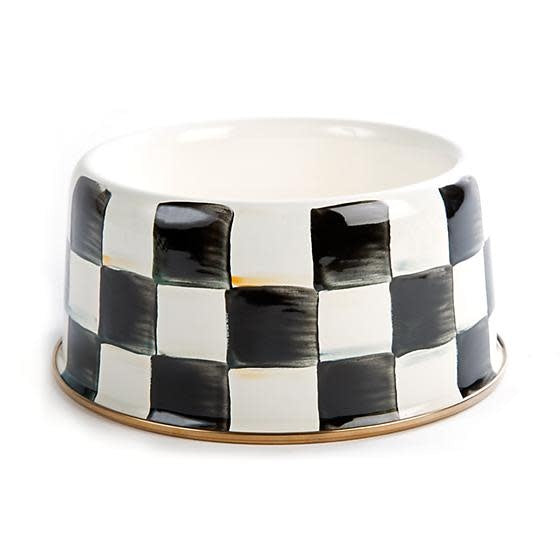 Medium Courtly Check enamel pet dish with hand-painted check pattern on steel body and bronzed stainless rim.