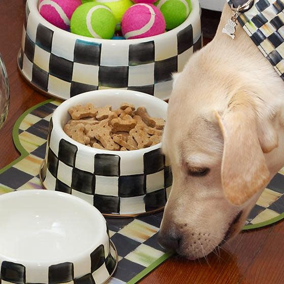 Medium Courtly Check enamel pet dish with hand-painted check pattern on steel base and bronzed stainless rim.