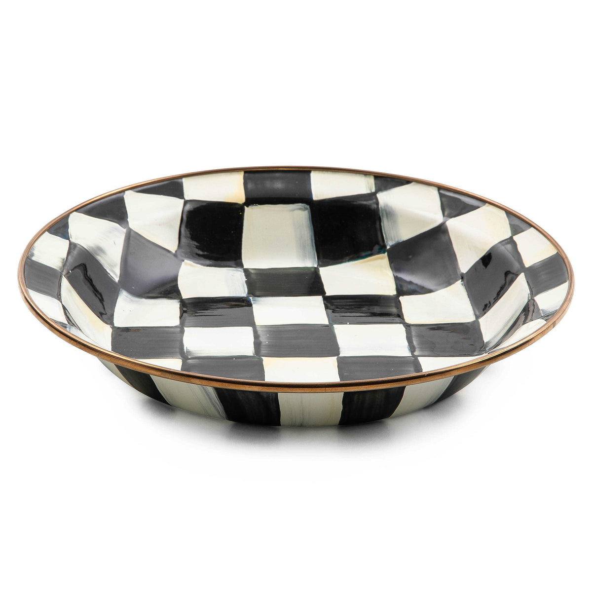 Hand-glazed steel pie plate with Courtly Check pattern rimmed in bronzed stainless steel