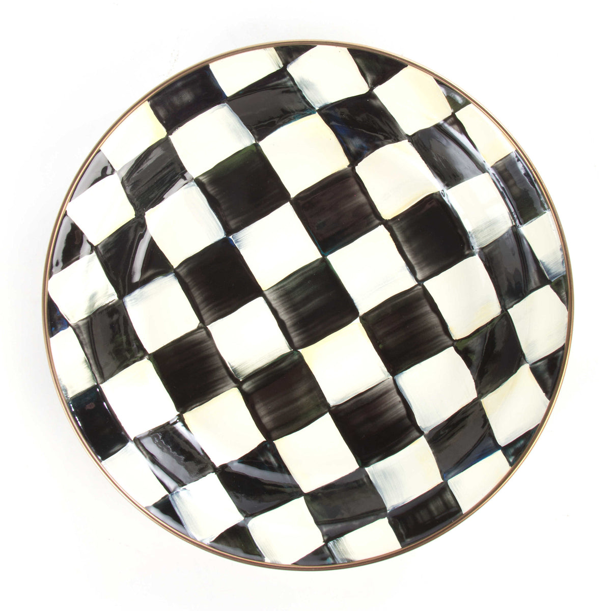 Hand-glazed steel pie plate with Courtly Check blue-and-white pattern and bronzed stainless rim