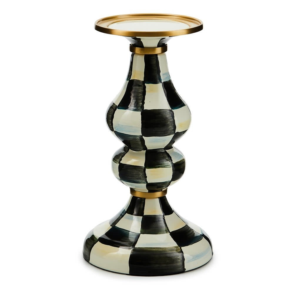 Medium Courtly Check enamel pillar candlestick with hand-painted pattern on heavy-gauge steel base and brass accents.