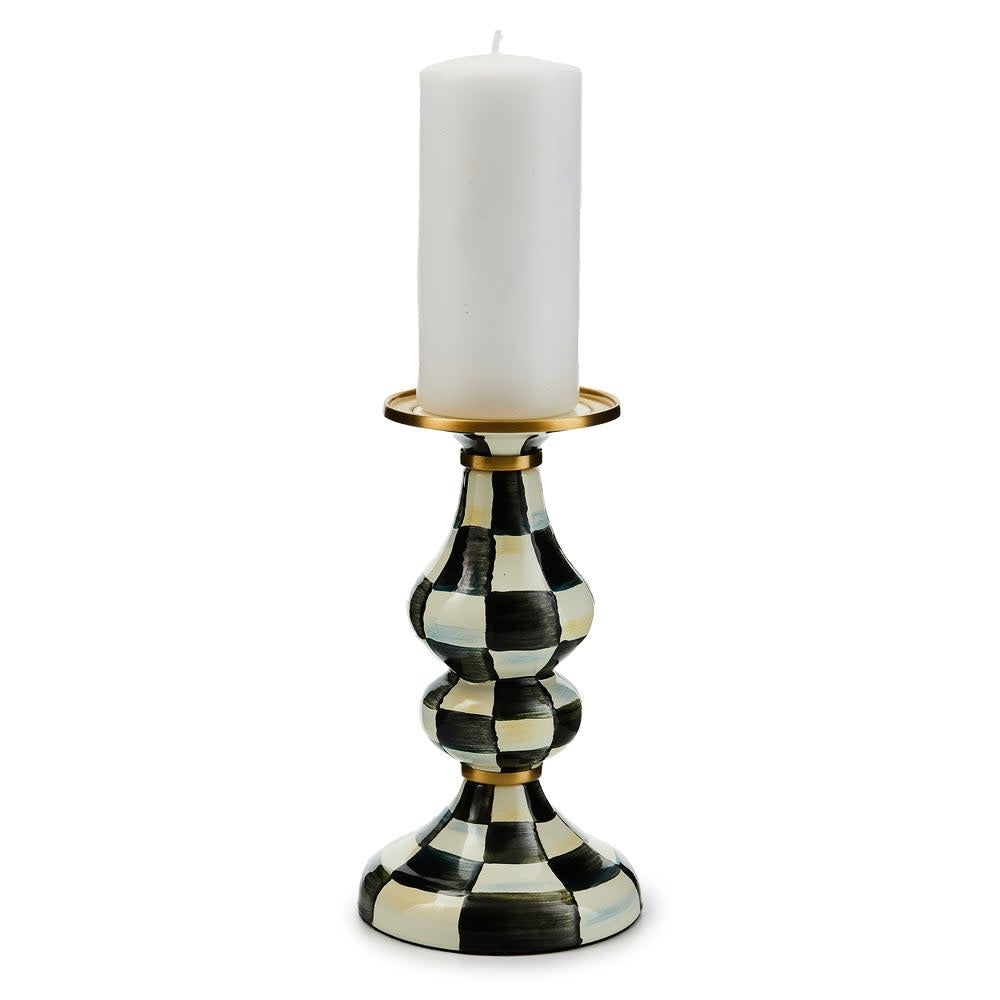 Medium Courtly Check enamel pillar candlestick with hand-painted pattern, brass accents, and bronzed stainless steel rim.