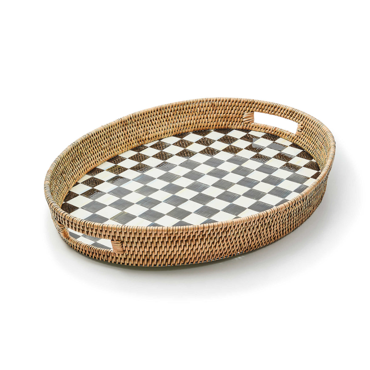 Rectangular enamel party tray with Courtly Check floral pattern rimmed in woven rattan.
