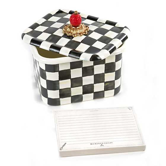 Hand-glazed steel enamel recipe box with Courtly Check floral pattern, faux cinnabar accents, brass details, and included card dividers.