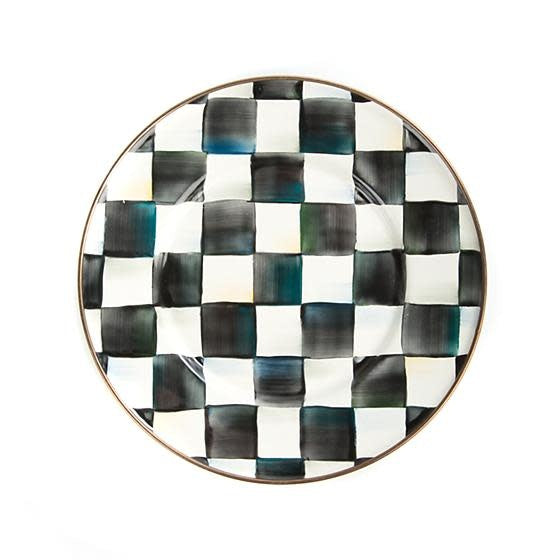 Hand-painted Courtly Check enamel salad plate with glossy high-contrast checks on heavy-gauge steel and a bronzed stainless rim.