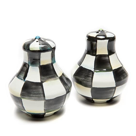 Black-and-white Courtly Check enamel salt and pepper shakers with hand-painted patterns on heavy-gauge steel.