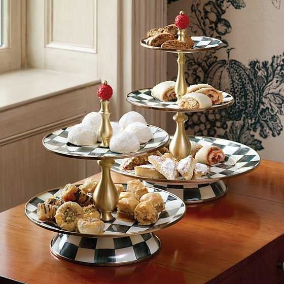 Three-tier enamel sweet stand in Courtly Check blue with bronze rim and carved knob