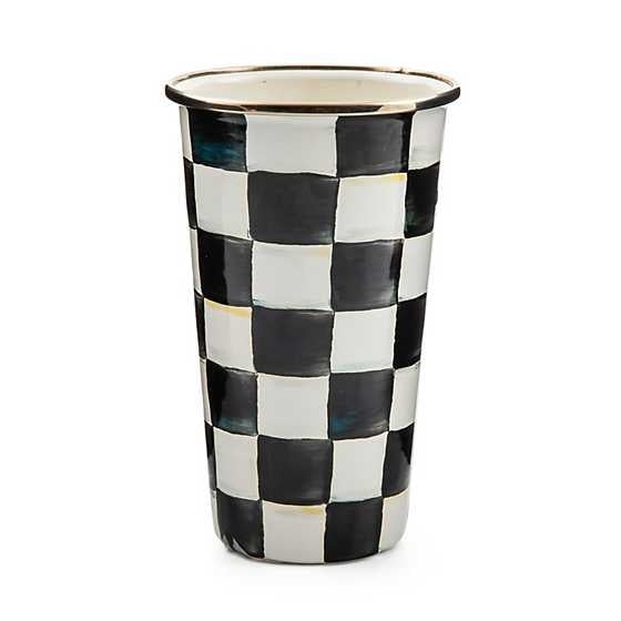 Hand-painted Courtly Check enamel tumbler with bronzed stainless steel rim and heavy-gauge steel body.