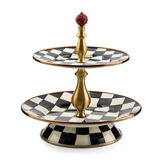 Two-tier enamel sweet stand in Courtly Check blue with brass accents