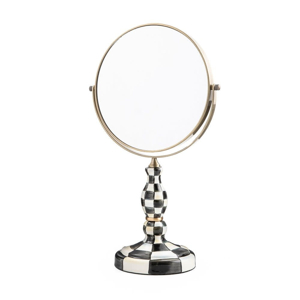 Hand-glazed Courtly Check enamel vanity mirror with stainless steel frame