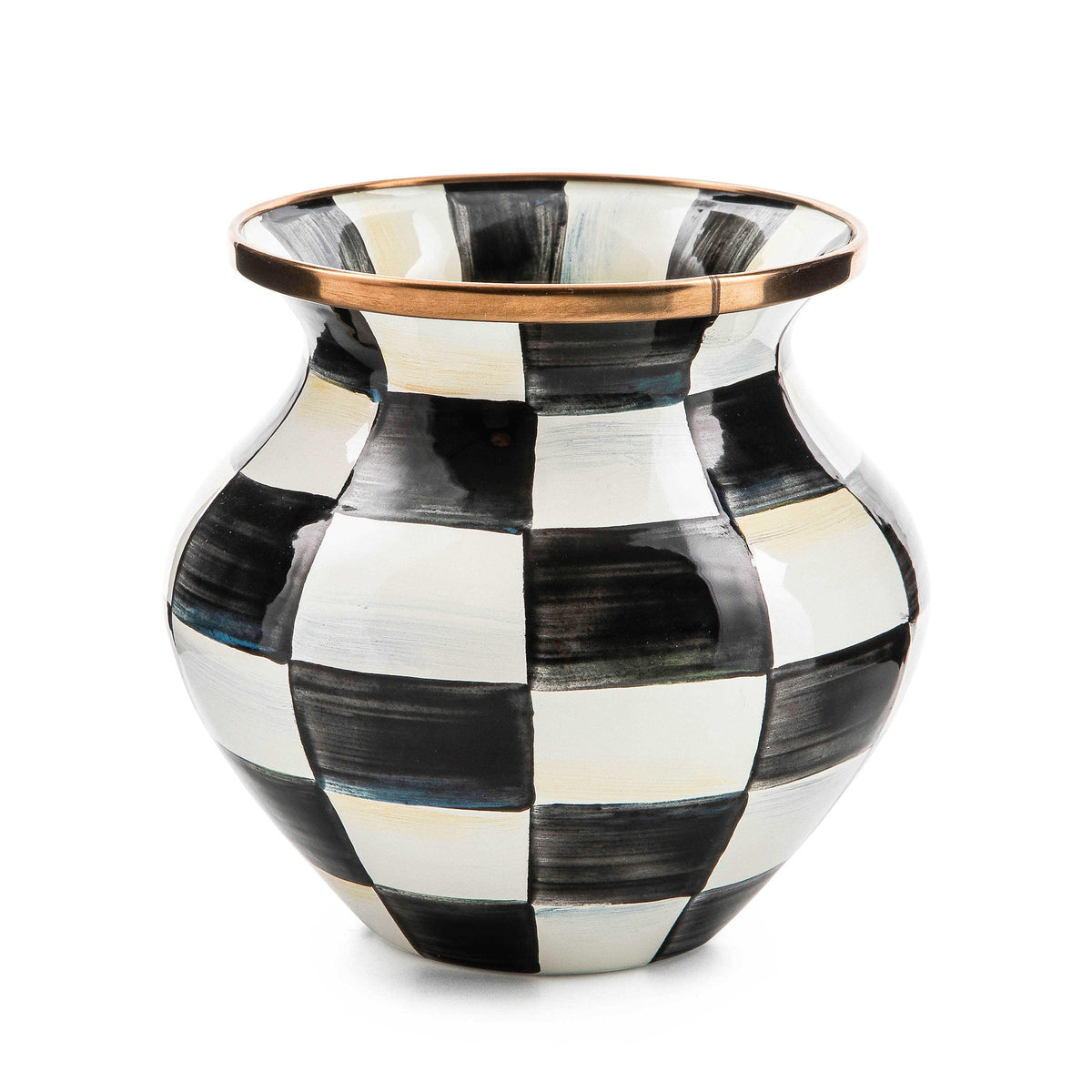Petite hand-glazed steel vase with courtly check enamel pattern and bronzed stainless steel rim.