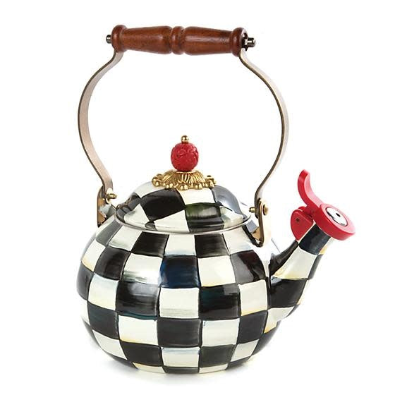 Hand-glazed Courtly Check enamel whistling tea kettle with checkered pattern and heavy-gauge steel body.