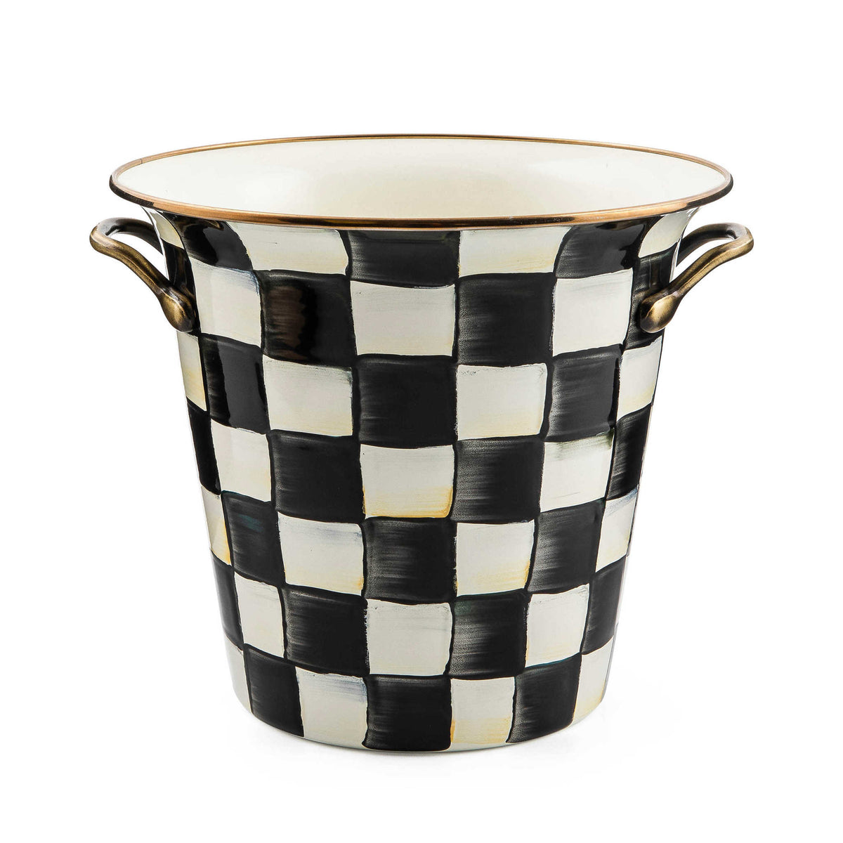 Hand-glazed steel wine cooler with Courtly Check enamel pattern, bronzed stainless rim, and antiqued brass handles.