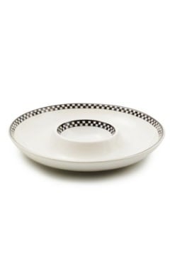 Round stoneware chip and dip bowl with a courtly check pattern in blue and white.