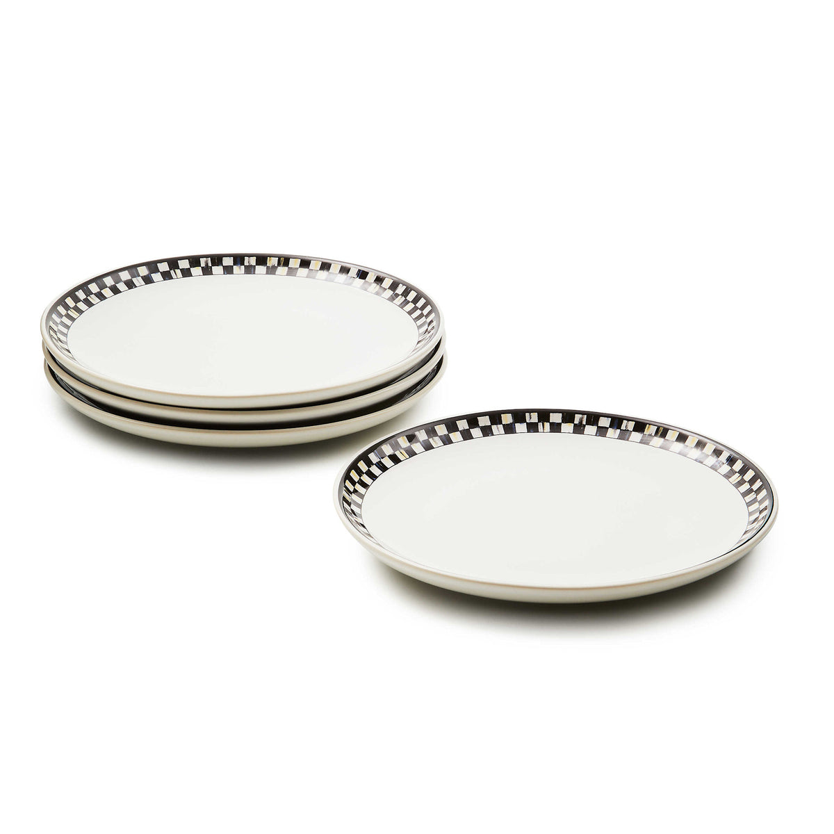 Courtly Check stoneware lunch plate featuring a classic checkered pattern in black and white with an oval silhouette.