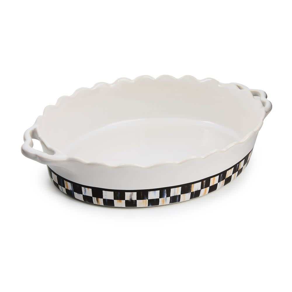 Medium oval stoneware baker with checkered pattern in blue and white.