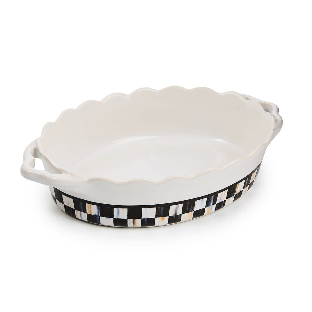 Check Everyday small oval stoneware baker with a checkered pattern in blue and white.