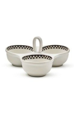 Three Courtly Check stoneware bowls in blue checkered pattern with white interiors and scalloped rims.