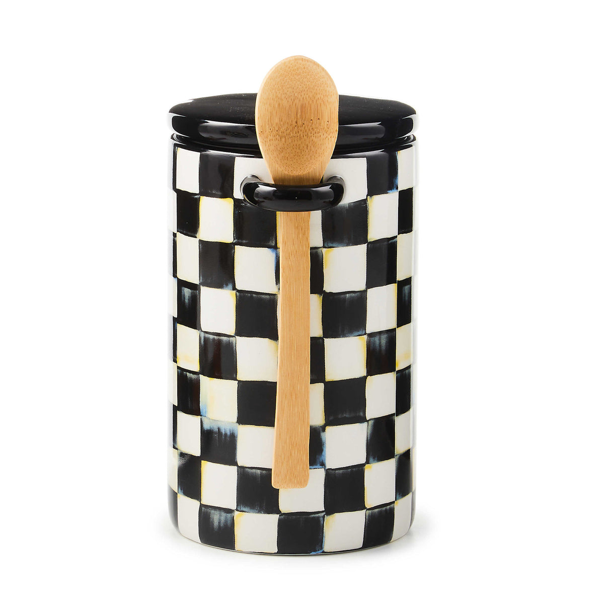 Ceramic farmhouse canister with courtly check pattern in blue and white.