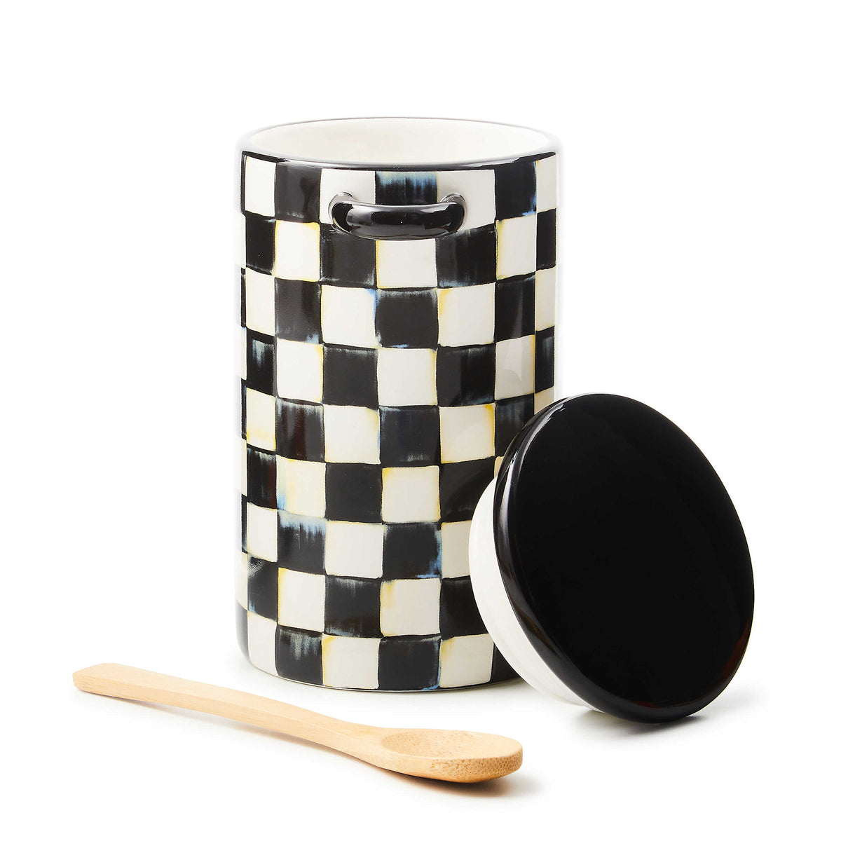 Ceramic farmhouse canister with courtly check blue and white pattern, featuring a built-in spoon holder.