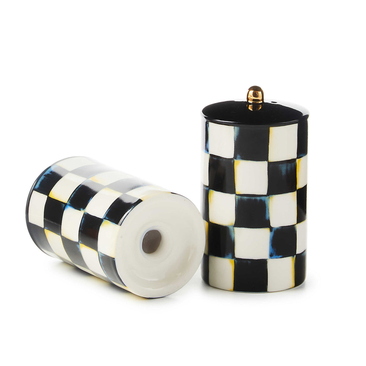Ceramic salt and pepper shakers with Courtly Check transfer pattern and gold lustre ball tops