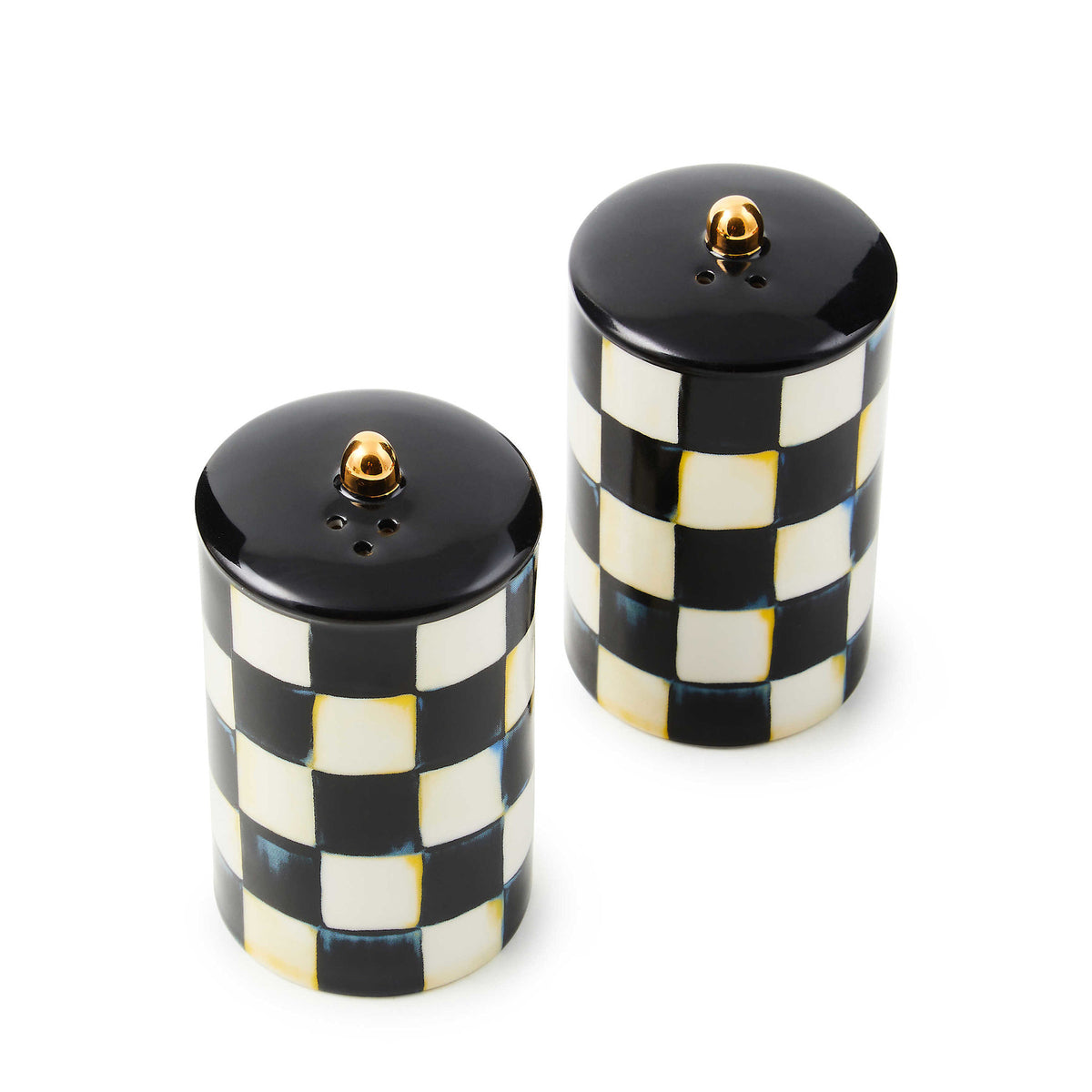 Ceramic salt and pepper shakers with Courtly Check transfer pattern topped by gold lustre balls.